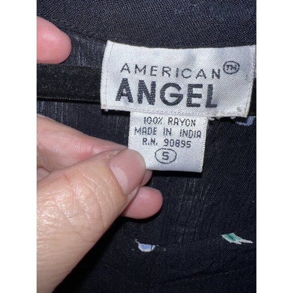 Vintage 90S AMERICAN ANGEL Navy Floral Crinkle Maxi Dress Goth Cottagecore - Picture 7 of 11